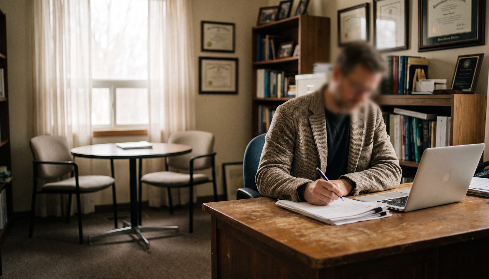 An advisor at a desk in a small practice annotating a printed ledger summary beside a laptop