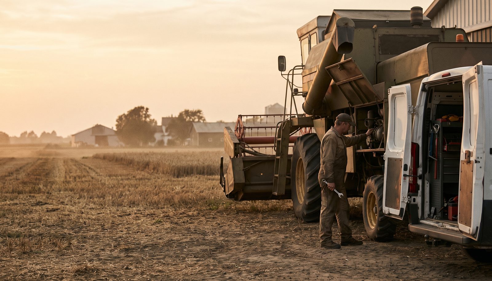 A service technician kneeling at the opened side panel of a combine harvester at the edge of a stubble field
