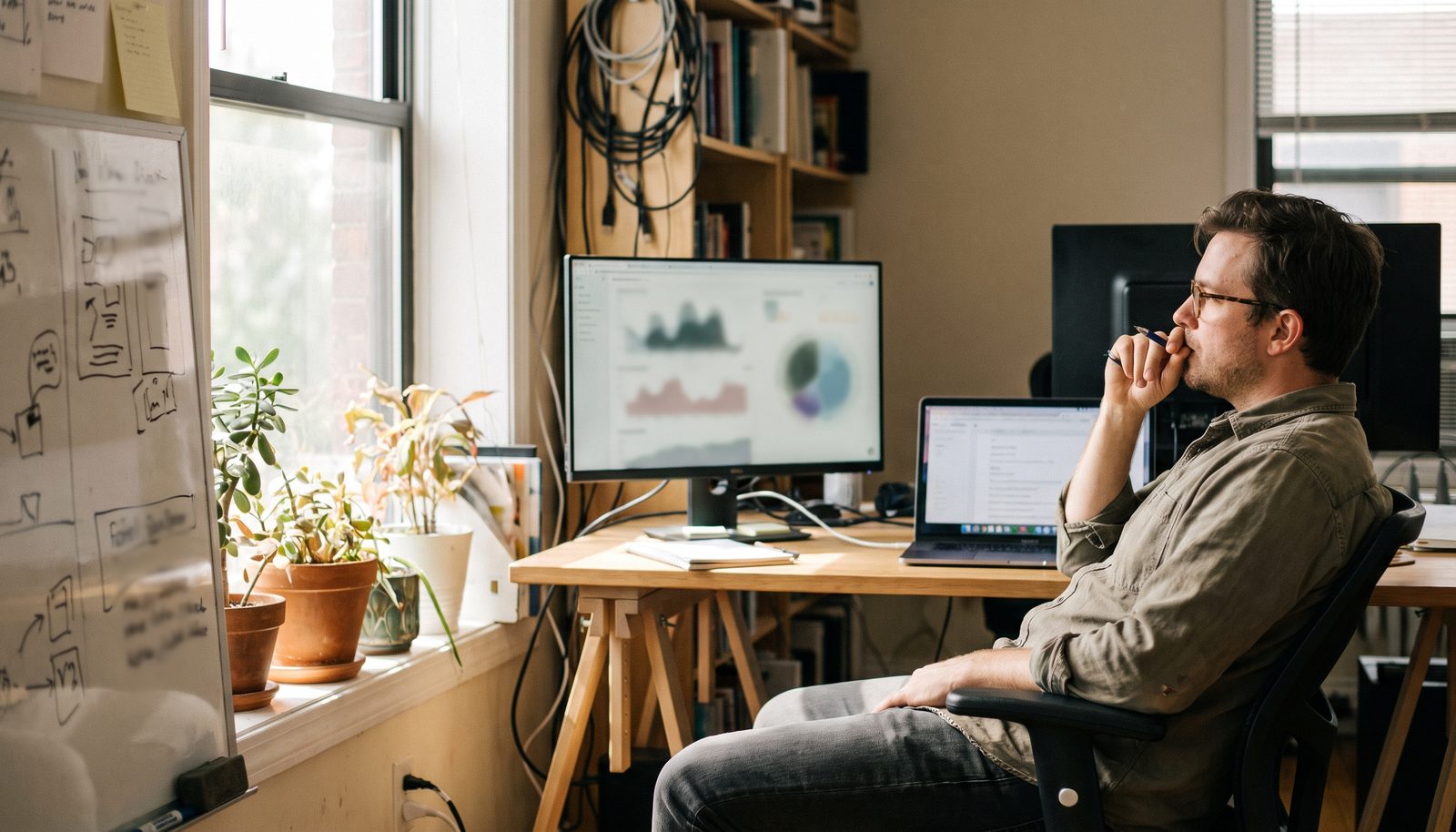 An AI consultant at a studio desk with two laptops, explaining a process diagram on a video call
