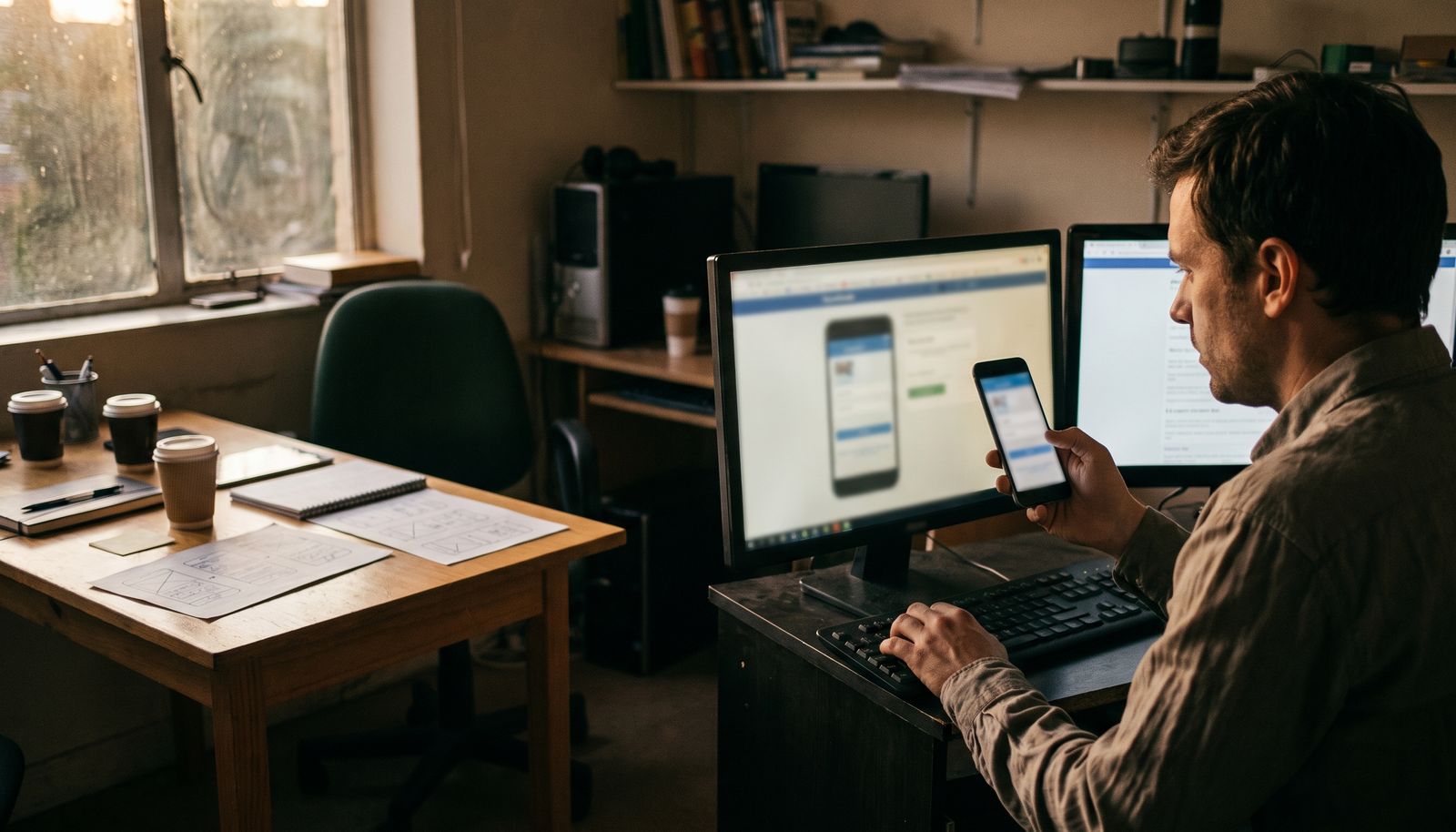 En utvecklare vid ett litet studiobord som granskar en app på en telefon, en andra skärm lyser bakom