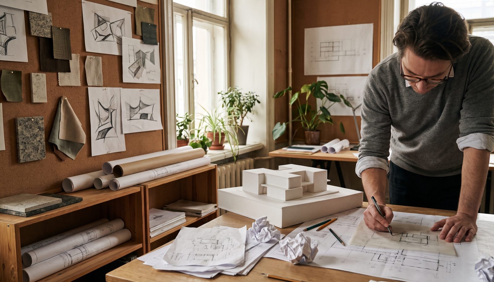 An architect leaning over a large drawing on a worktable in a small studio, rolls of drawings in the foreground