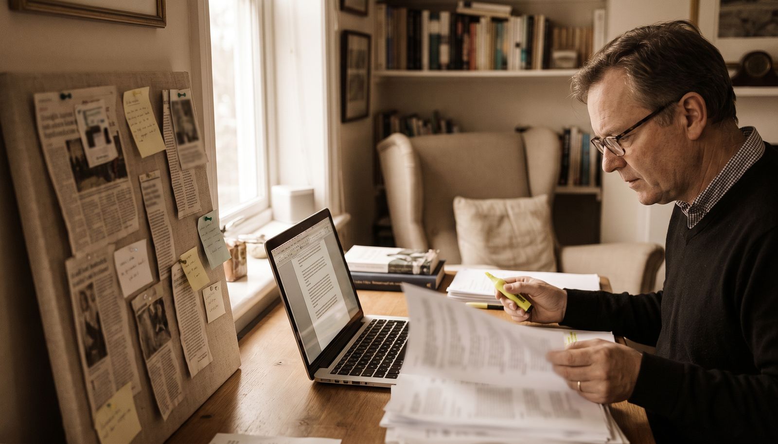A newsletter editor at a desk in early morning light, laptop open beside a coffee cup and printed article drafts