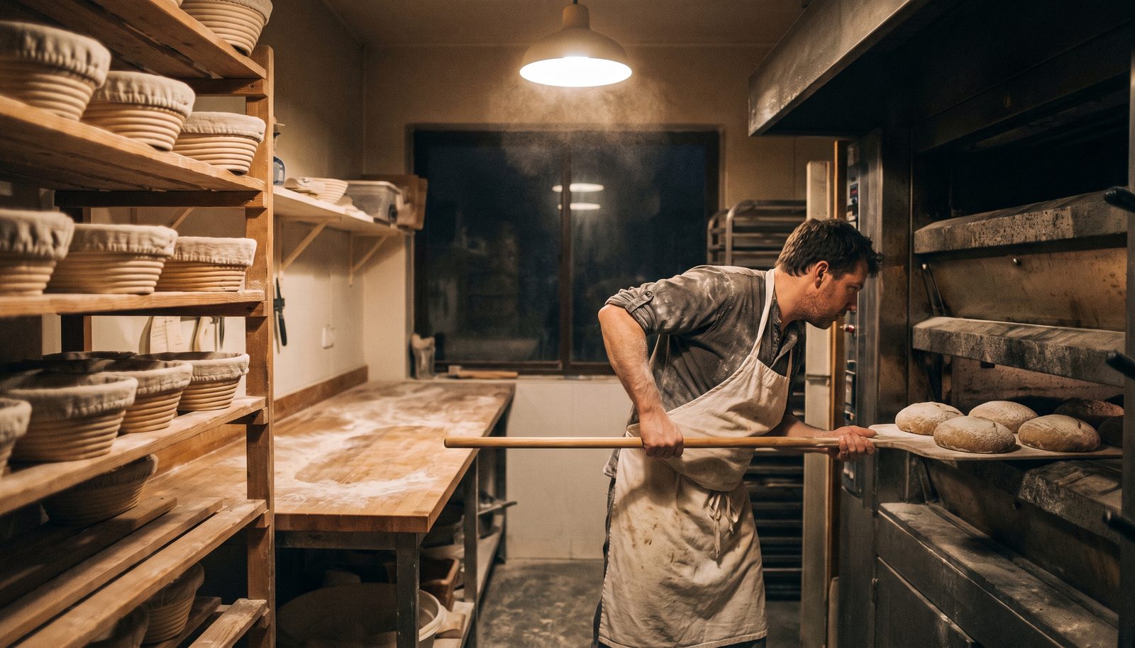 A baker in a flour-dusted apron pulling a loaded peel of sourdough loaves from a deck oven before dawn