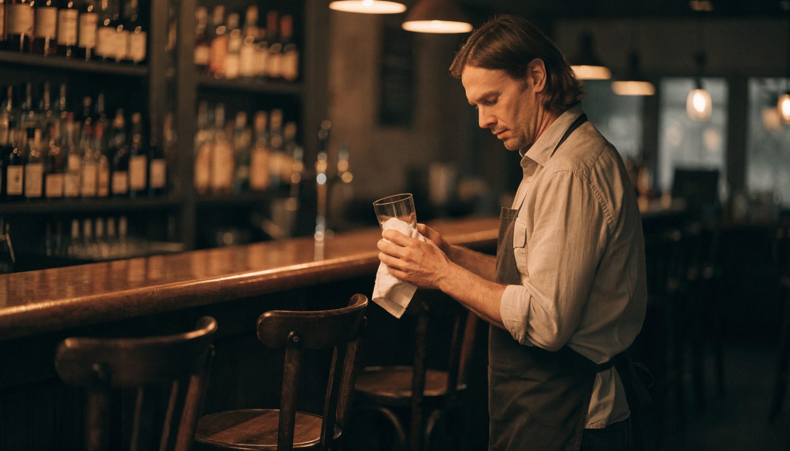 A bar owner in a dark apron polishing a glass behind the counter of a warm neighbourhood bar in the early evening