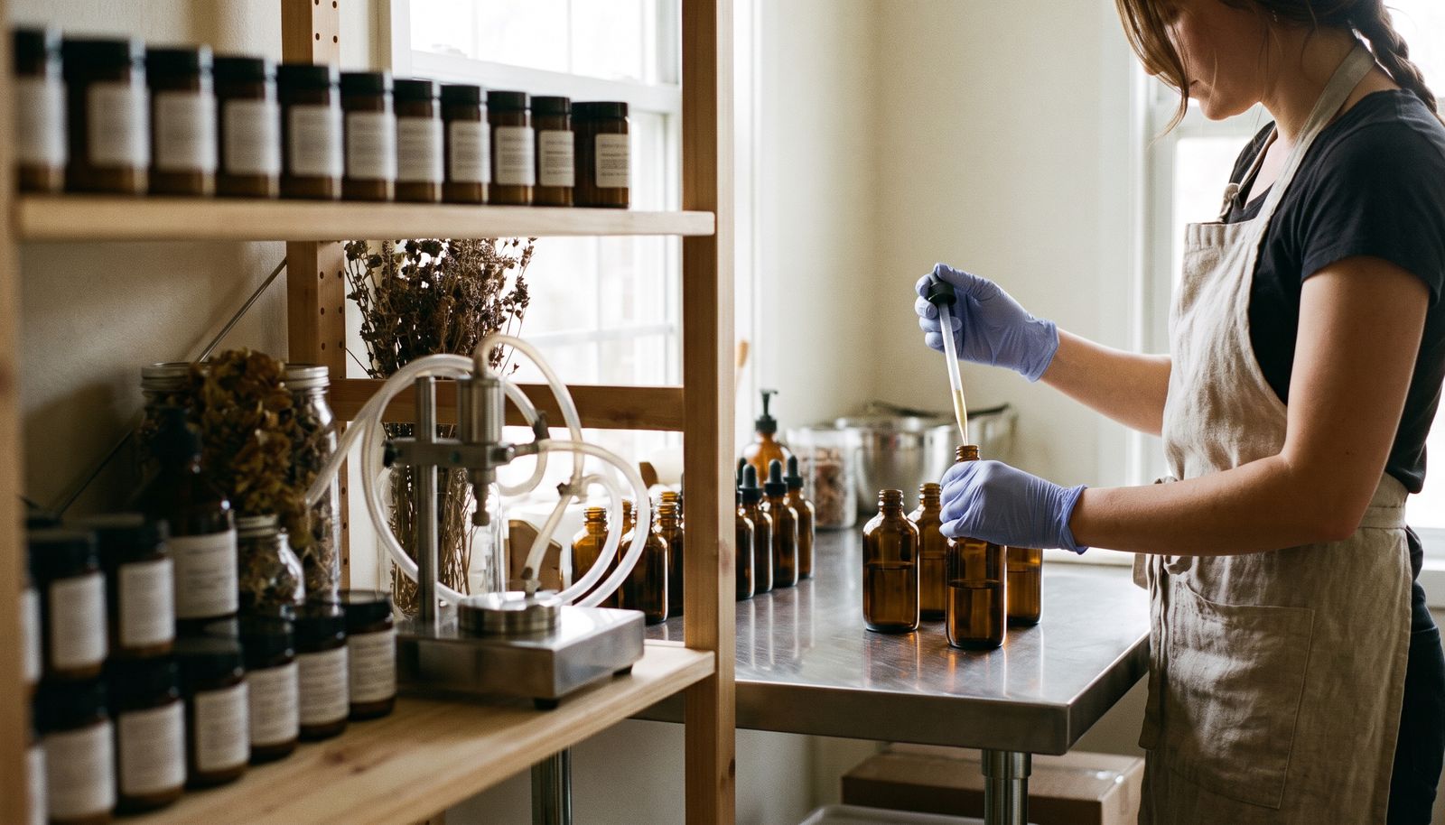 A founder filling amber serum bottles at a stainless workbench in a small skincare studio
