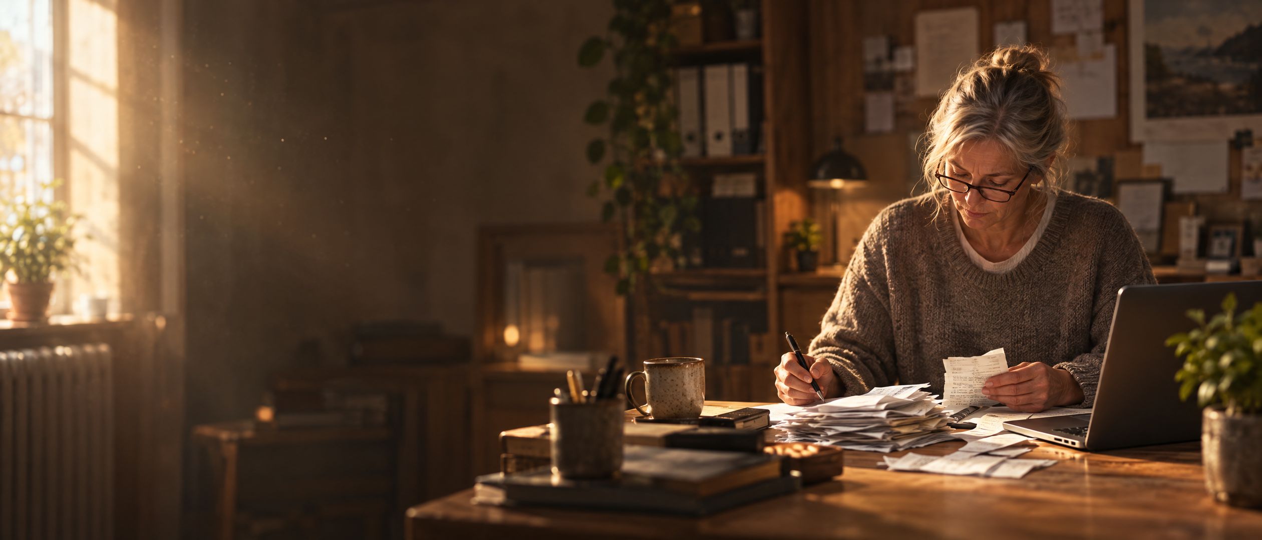 A bookkeeper at a wooden desk reviewing a stack of paper receipts beside a laptop, pen in hand