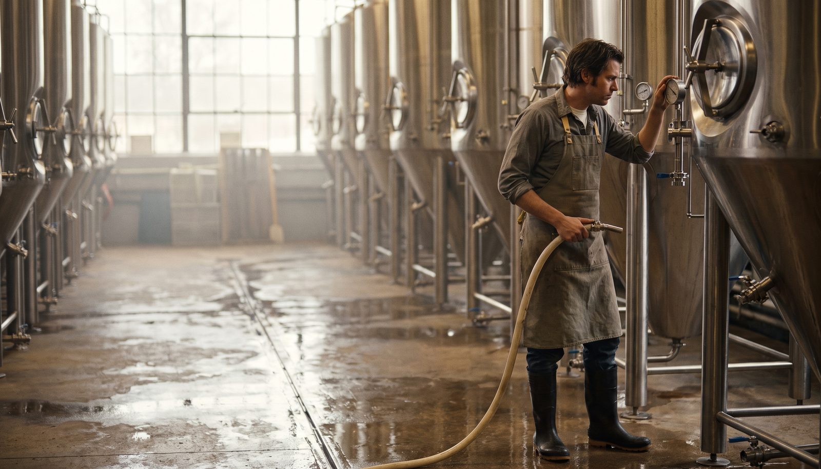 A brewer in work clothes checking a valve on a steel fermentation tank in a small brewhouse, kegs stacked behind