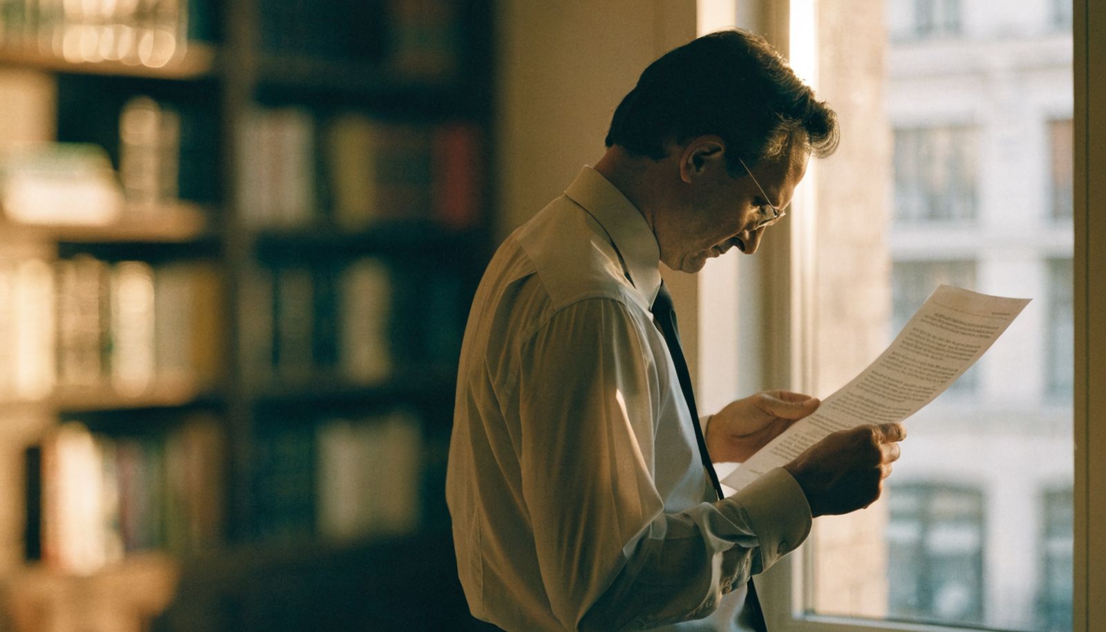 A lawyer reading a printed contract by a tall window in a quiet office, pen in hand