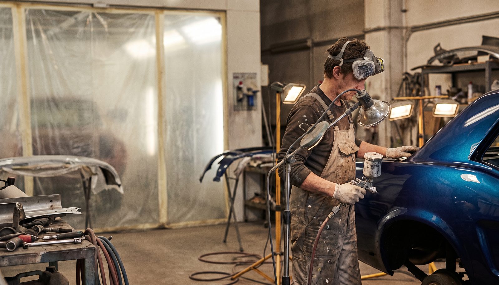 A body shop technician inspecting a masked-off rear quarter panel under booth lights, sanding block in hand