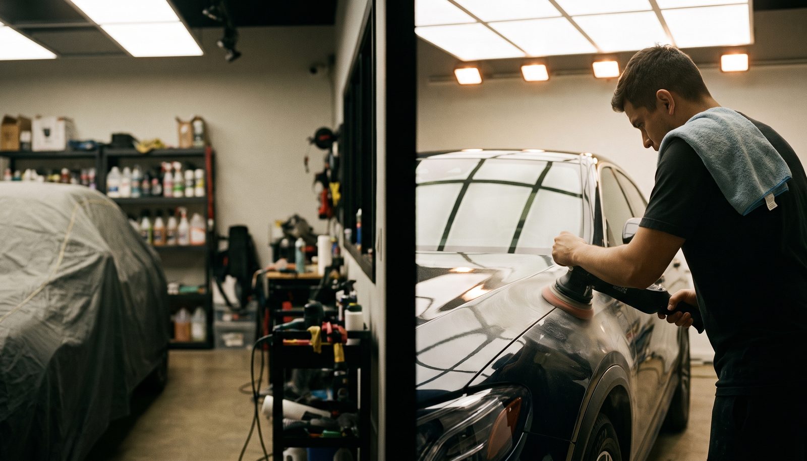 A detailer in a dark apron machine polishing the rear quarter panel of a car under workshop lights