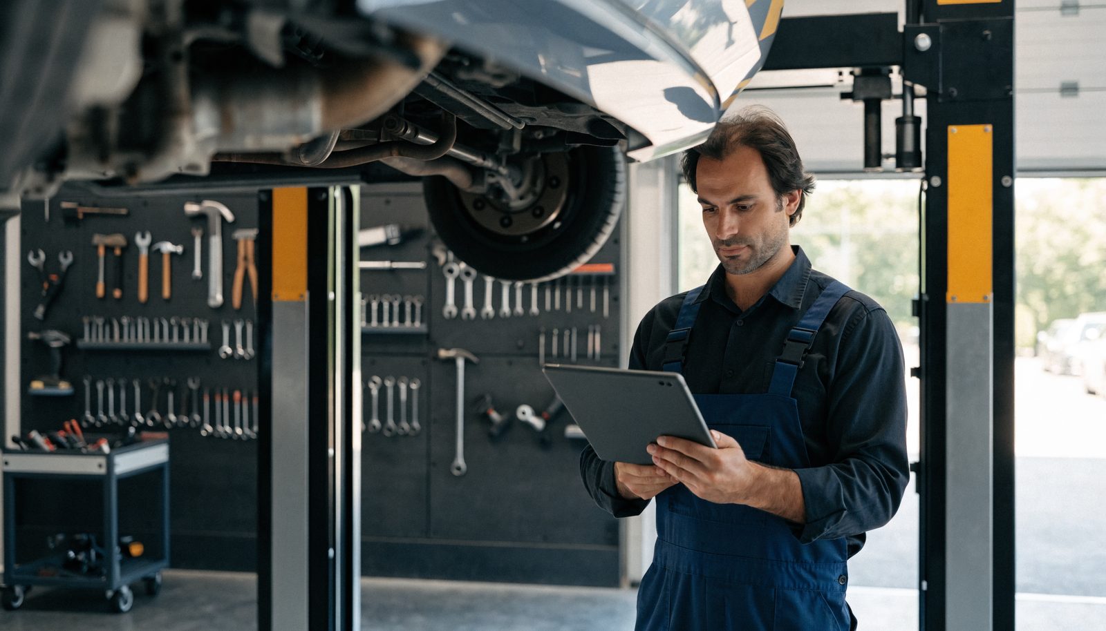 A mechanic holding a diagnostic tablet beside a car raised on a two-post lift in a clean modern workshop