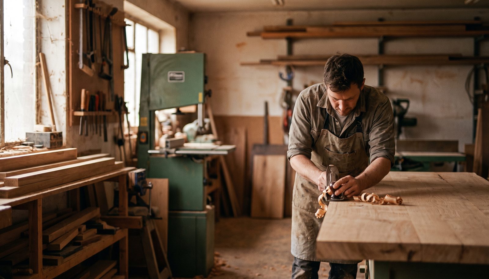 A joiner in a work apron hand-planing the edge of a wide oak board at a workshop bench, shavings curling onto the bench top
