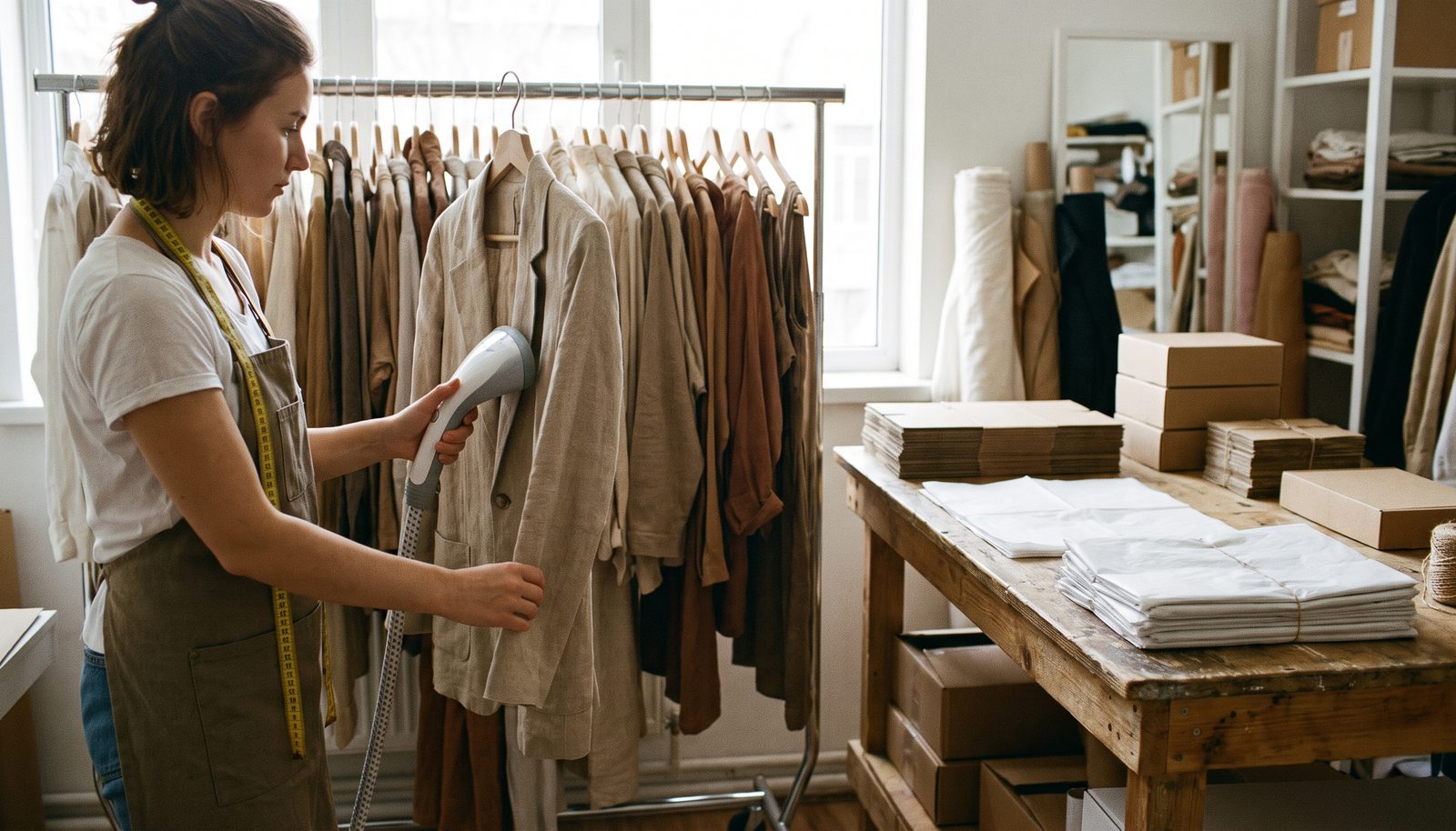 A founder steaming a wool overshirt on a rolling rack in a small clothing studio