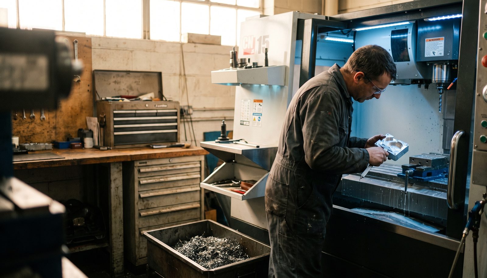 A machinist at the open door of a CNC milling machine, checking a freshly cut aluminium part with a caliper