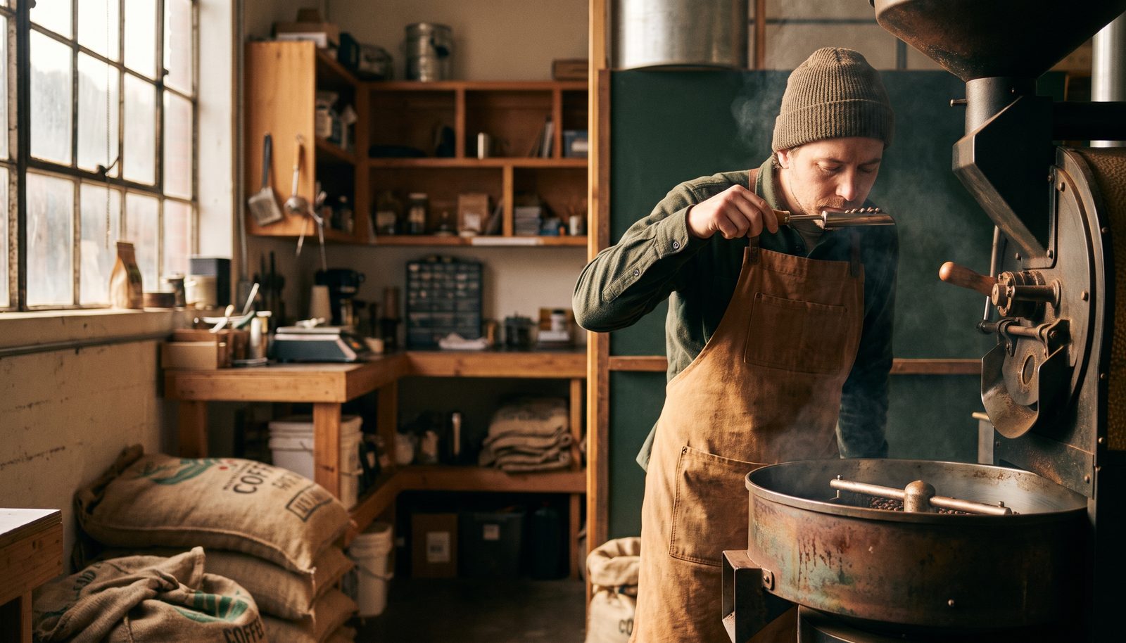 A roaster in an apron at a small drum roaster, one hand on the trier, sacks of green coffee stacked behind