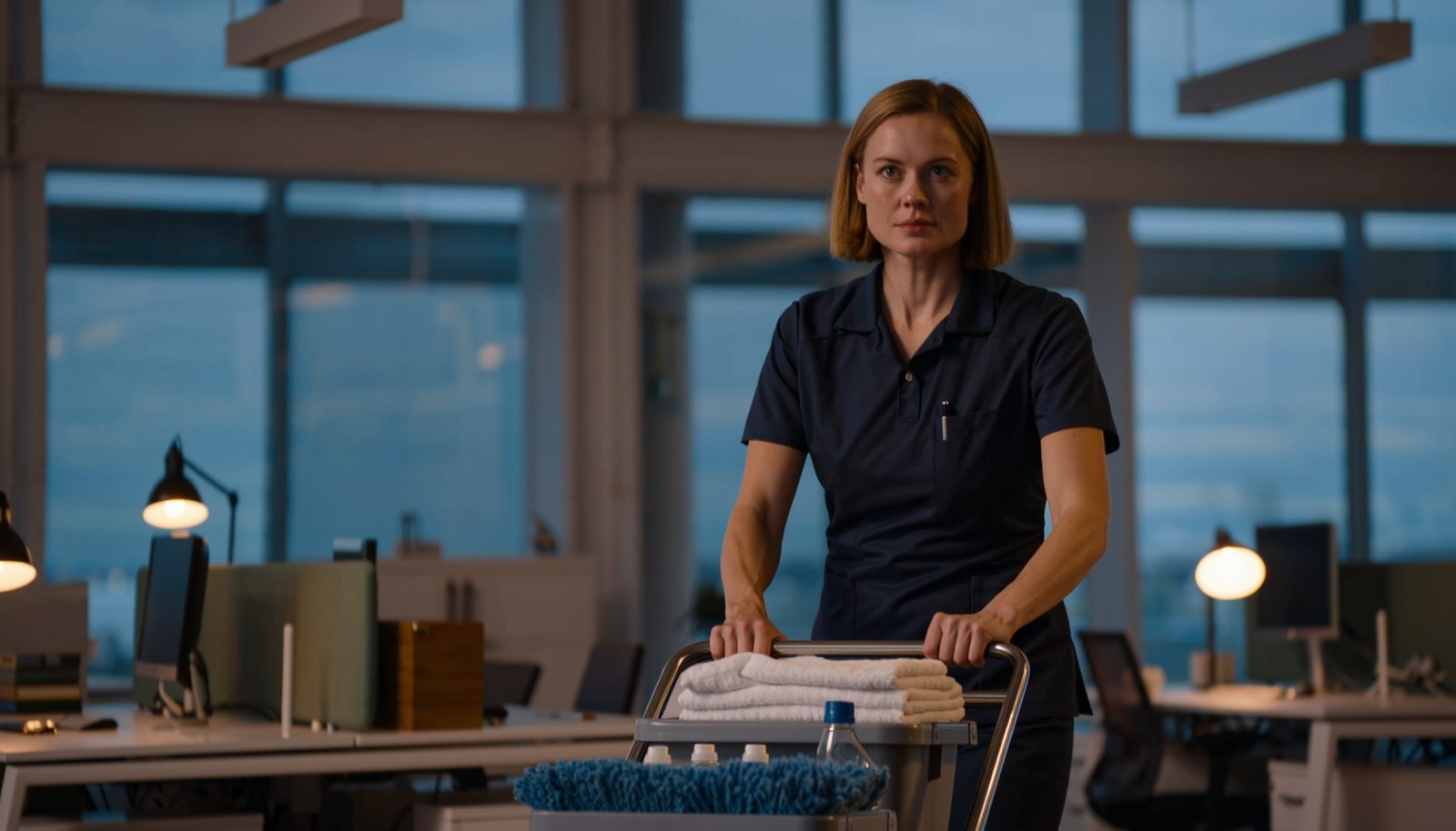 A cleaning company owner in a dark work polo pushing a professional cleaning trolley through an empty open plan office at dusk