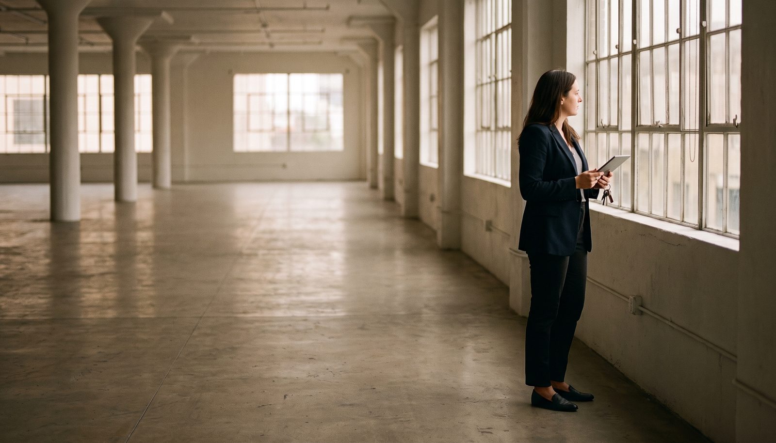 A commercial letting agent with a folder under one arm unlocking the glass door of a vacant office floor