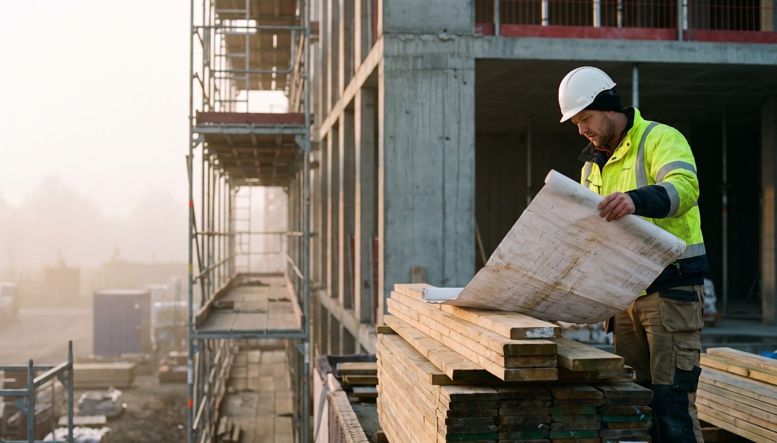 A construction project manager in a high-vis vest checking a drawing on a clipboard at the edge of a formwork site