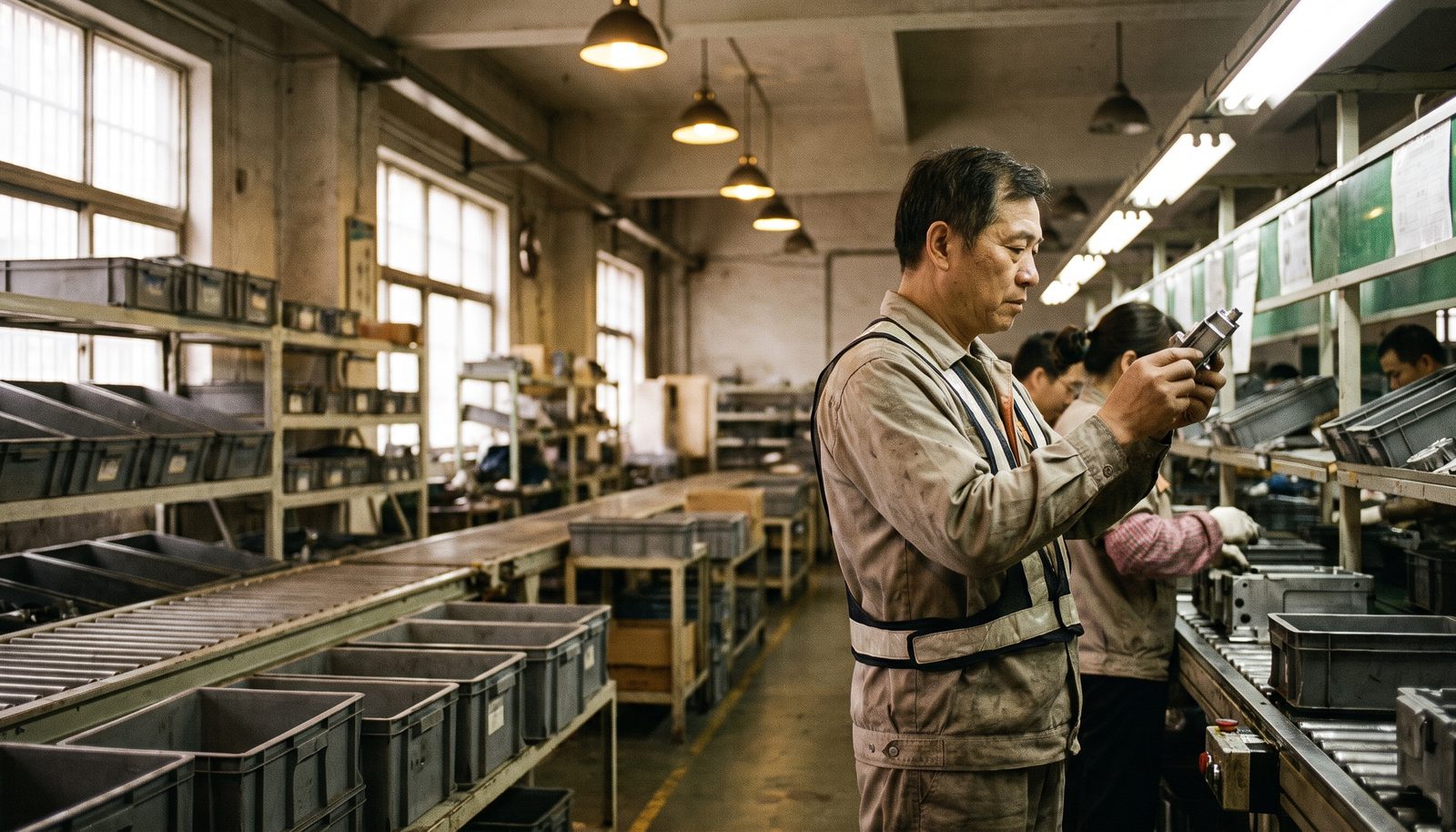 A production lead at an assembly bench in a small manufacturing hall, checking a partly assembled unit against a clipboard