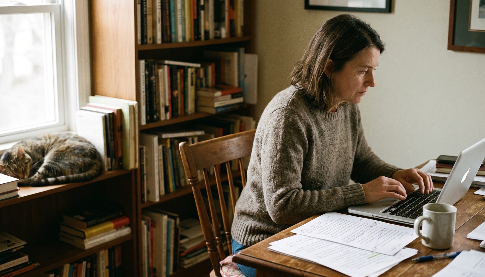 A copywriter at a wooden desk by a window with marked-up printed pages and a notebook