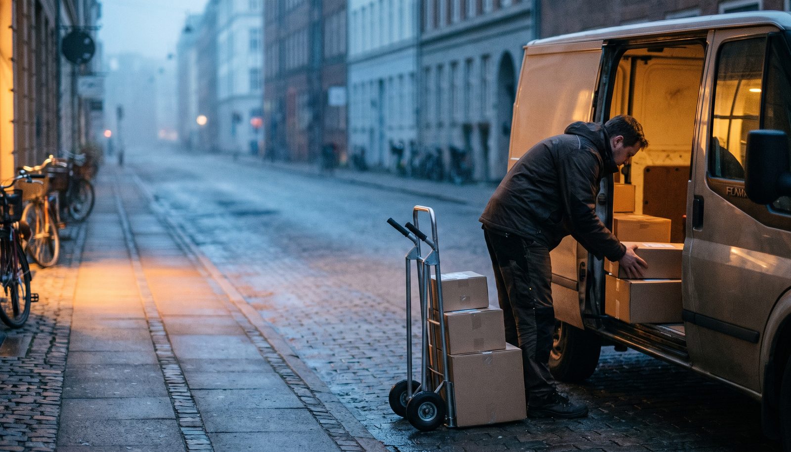 Ett bud i reflexväst som lastar paketbackar genom sidodörren på en liten skåpbil på en lugn morgongata