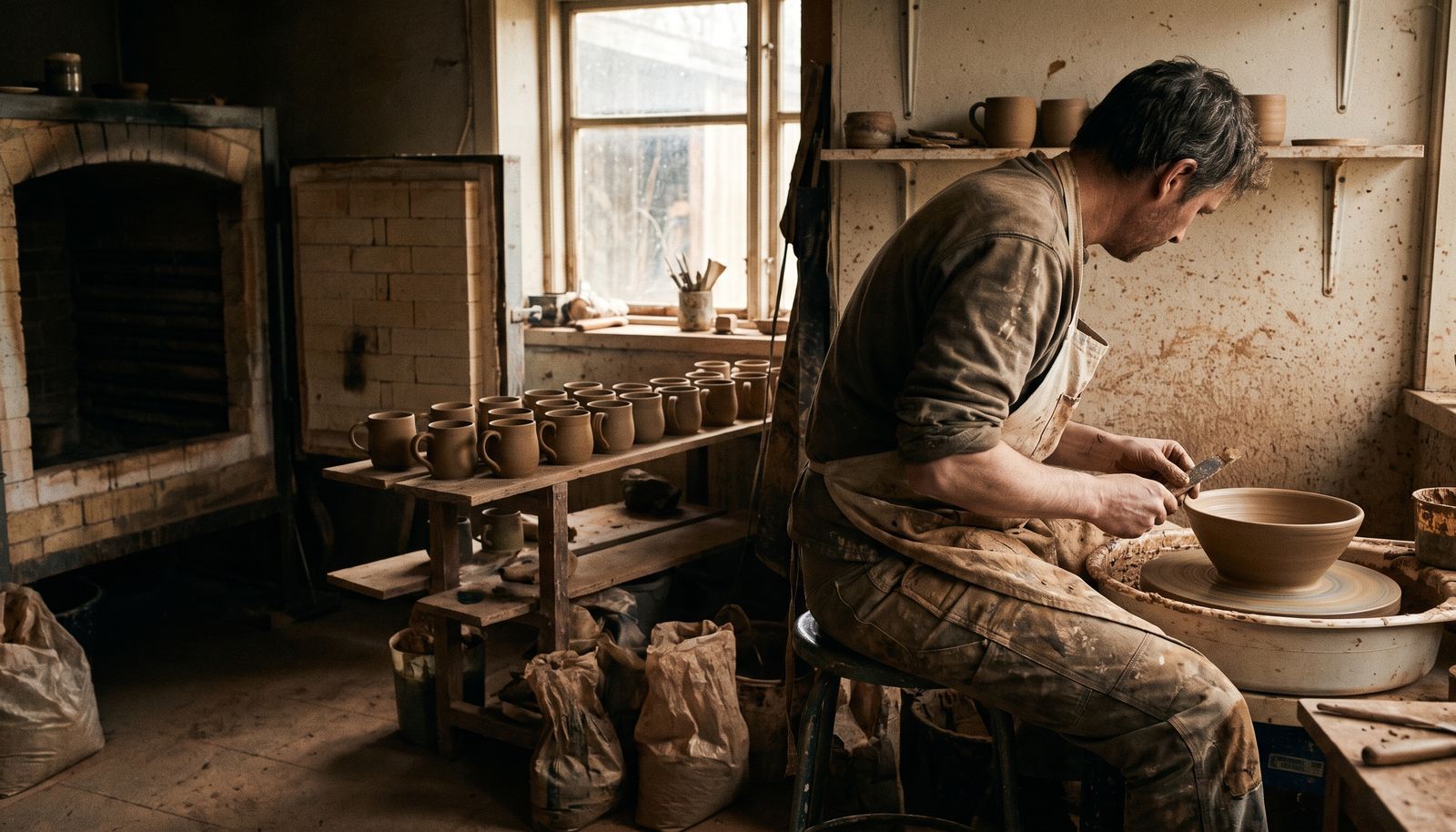 A ceramicist in a clay-dusted apron trimming a bowl at a workbench, shelves of glazed stoneware stacked behind