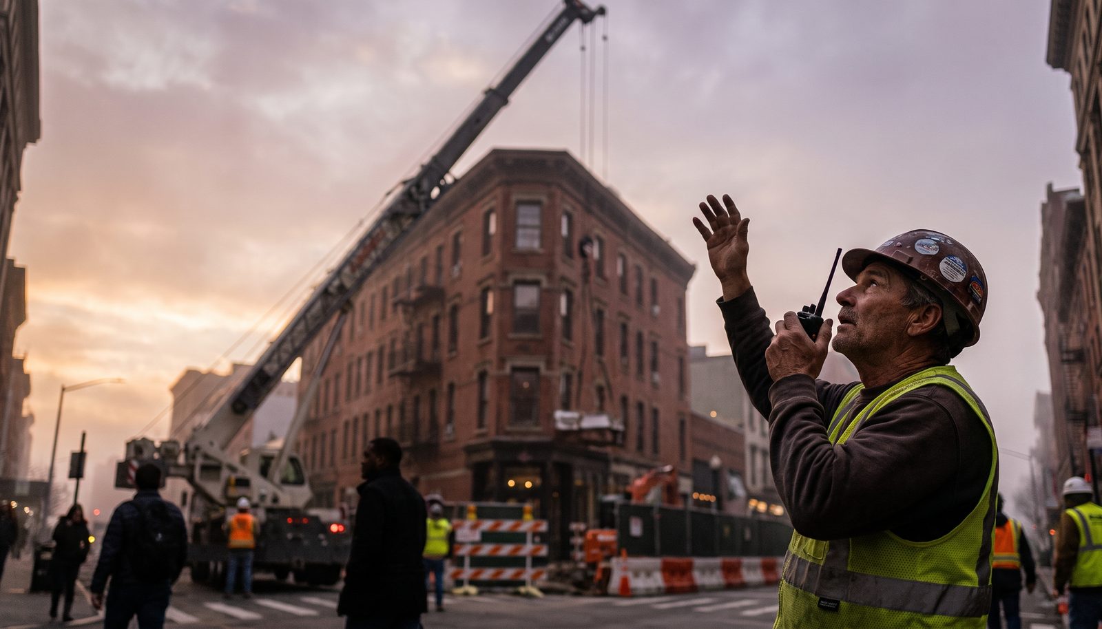A crane operator in a harness and hard hat looking up from the base of a mobile crane on a narrow city street at dawn
