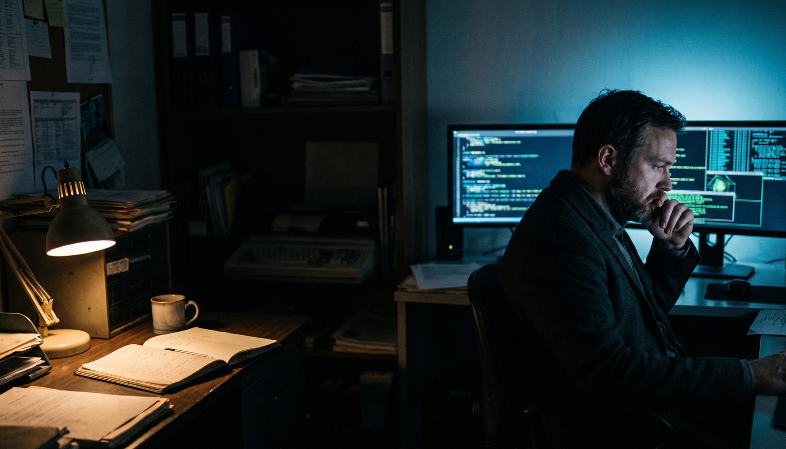 A security consultant at a dim desk with two glowing monitors, notebook open beside the keyboard