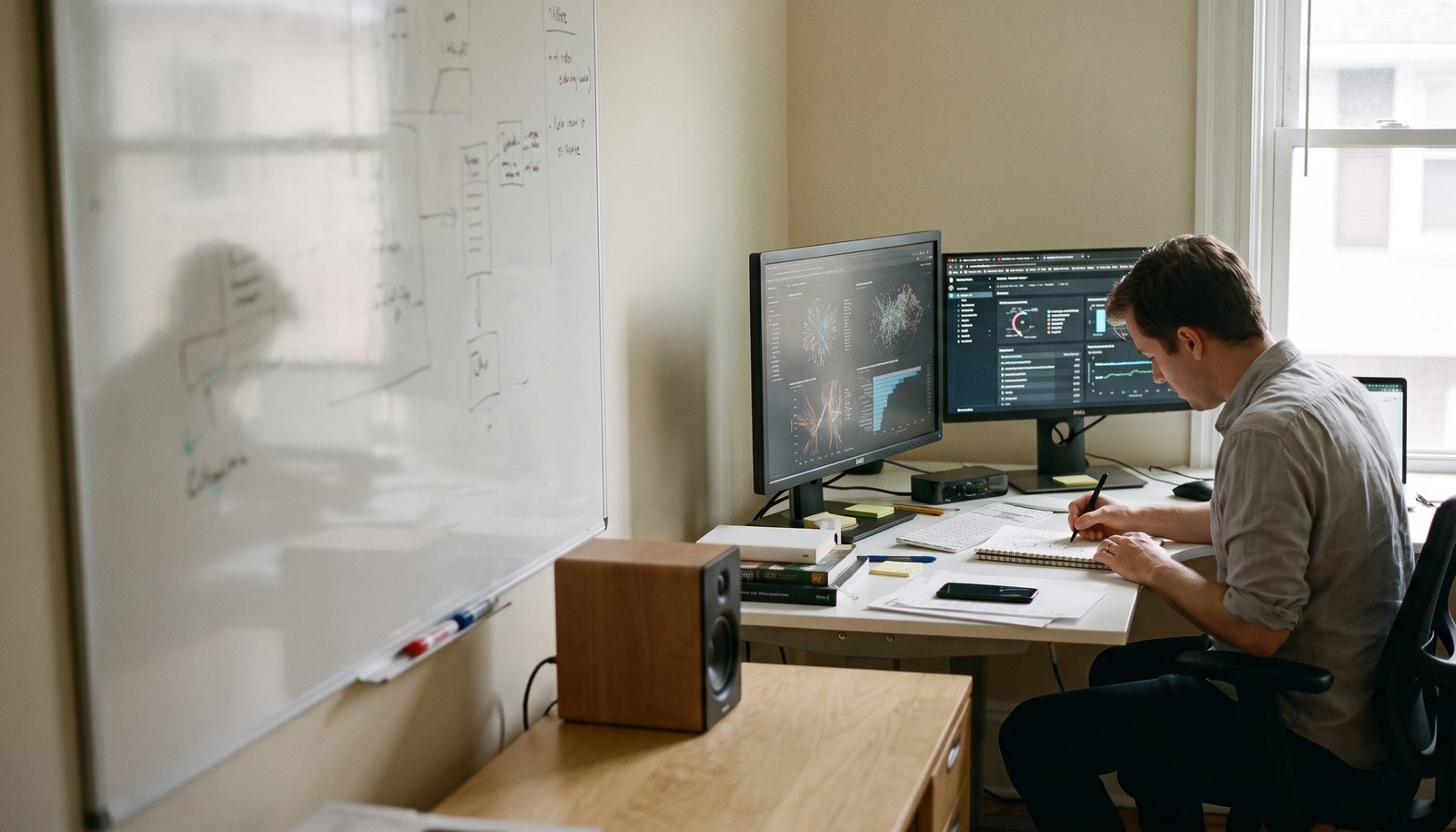 An analytics consultant at a desk with two screens of charts, one hand on a notebook of sketched figures
