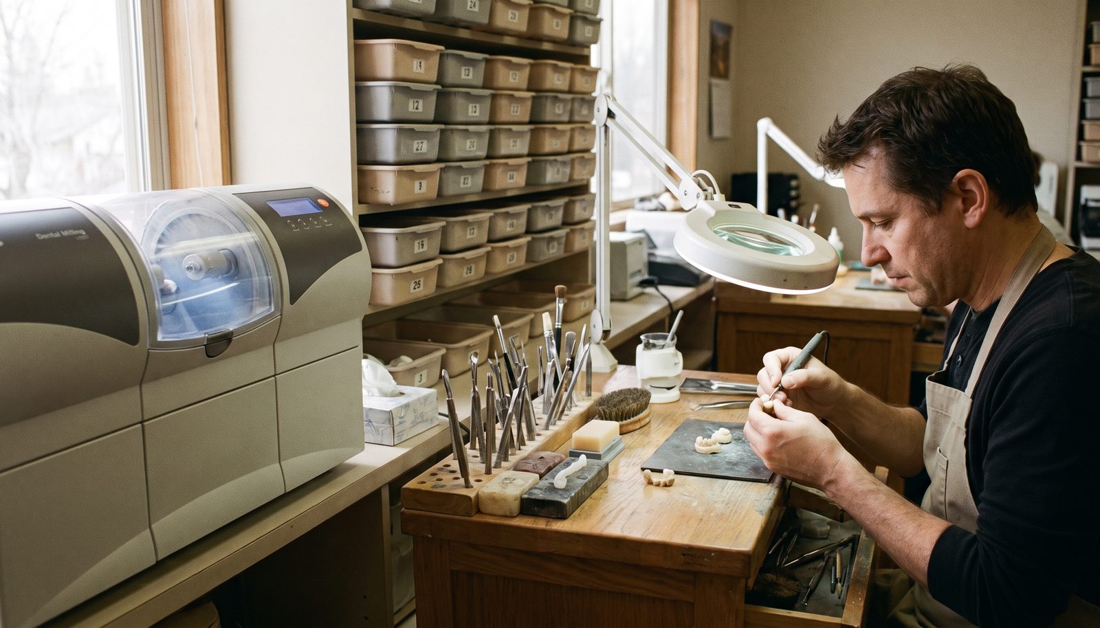 A dental technician at a lab bench shaping a ceramic crown under a bench lamp, plaster models around them