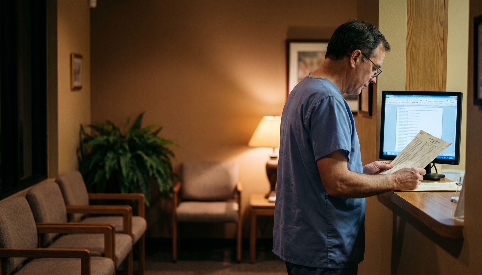 A practice owner in scrubs at the front desk of a small dental clinic after the last patient, appointment book open beside a tray of supplier post