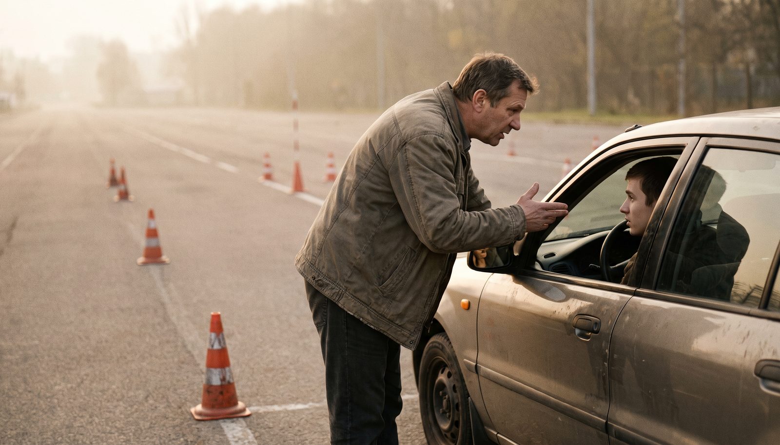 A driving instructor leaning in at the open passenger door of a small training car on a practice yard