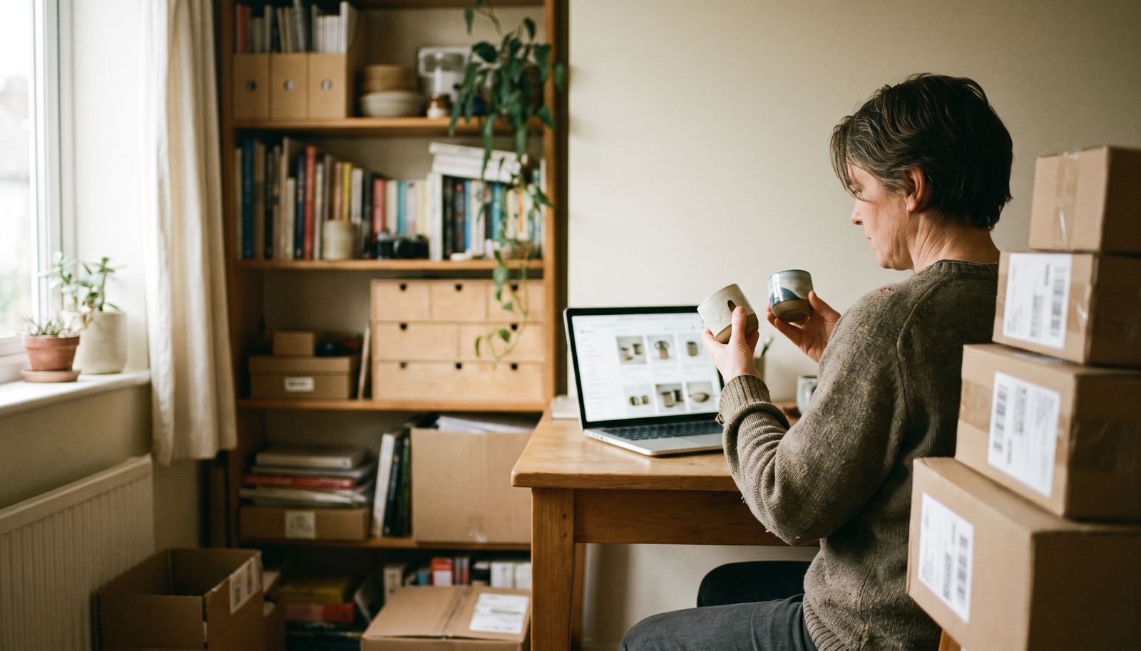 A founder at a small desk with two screens and an open product sample box in evening lamplight