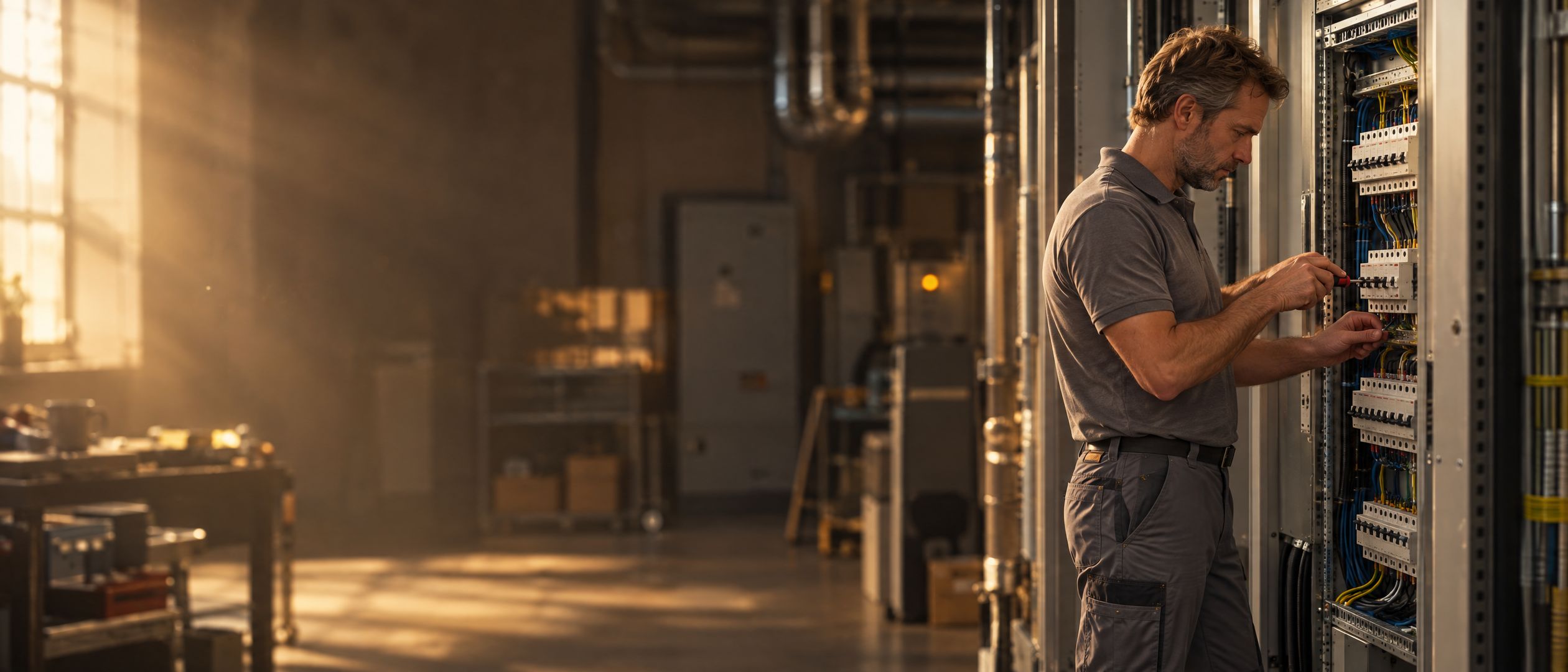 An electrician terminating cables into breakers in an open distribution board in a commercial plant room