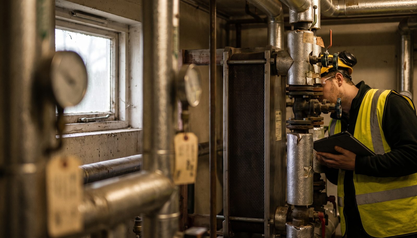 An energy consultant with a clipboard reading meters in the basement meter room of an older apartment building