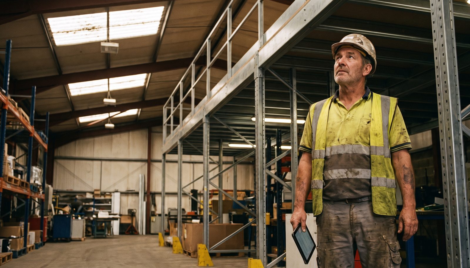 An engineer in a high-vis vest crouched on a steel mezzanine in a warehouse, inspecting a beam connection