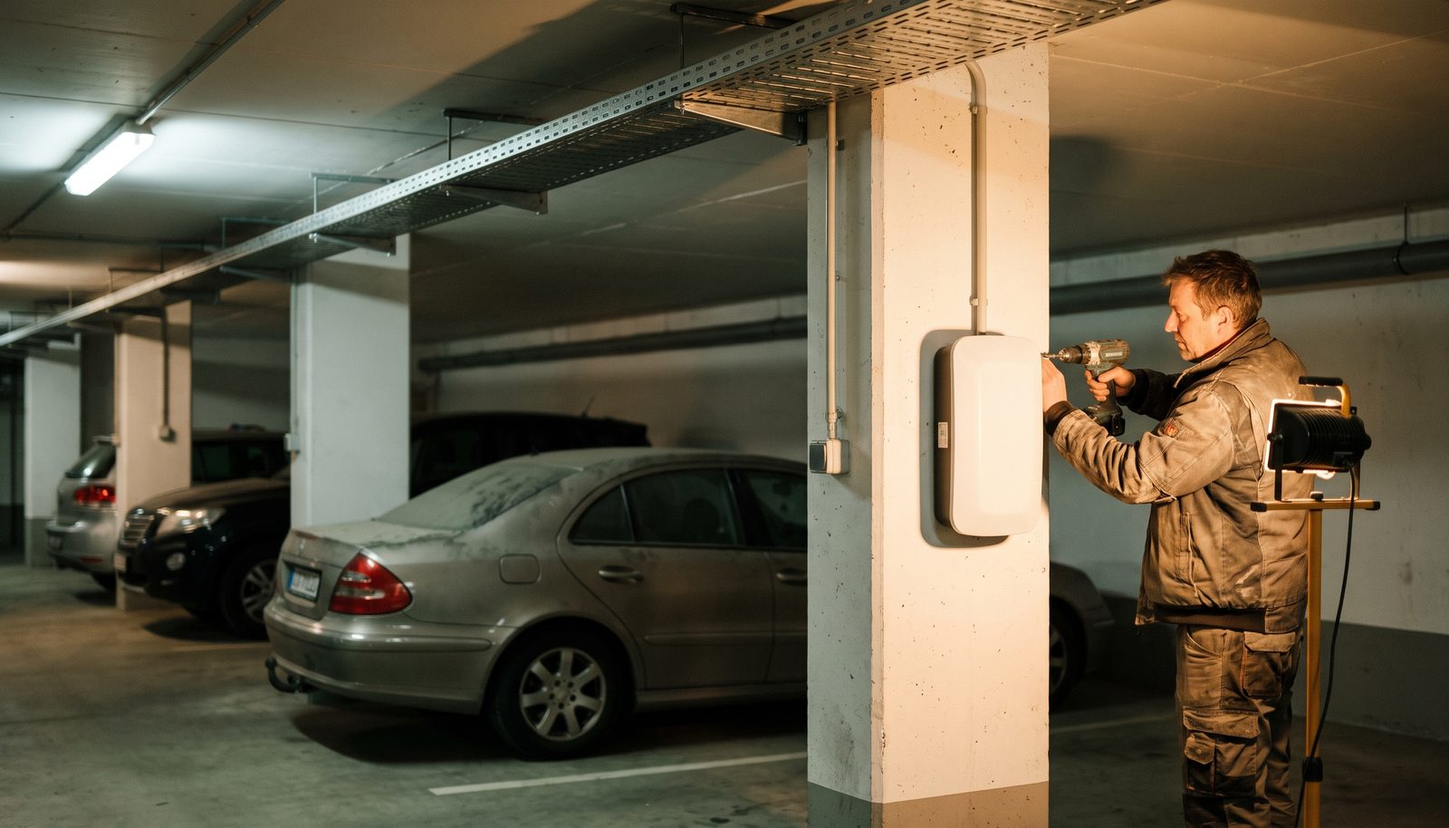 An installer crouched at a wall-mounted EV charge point in an underground residential garage, cable reel beside them