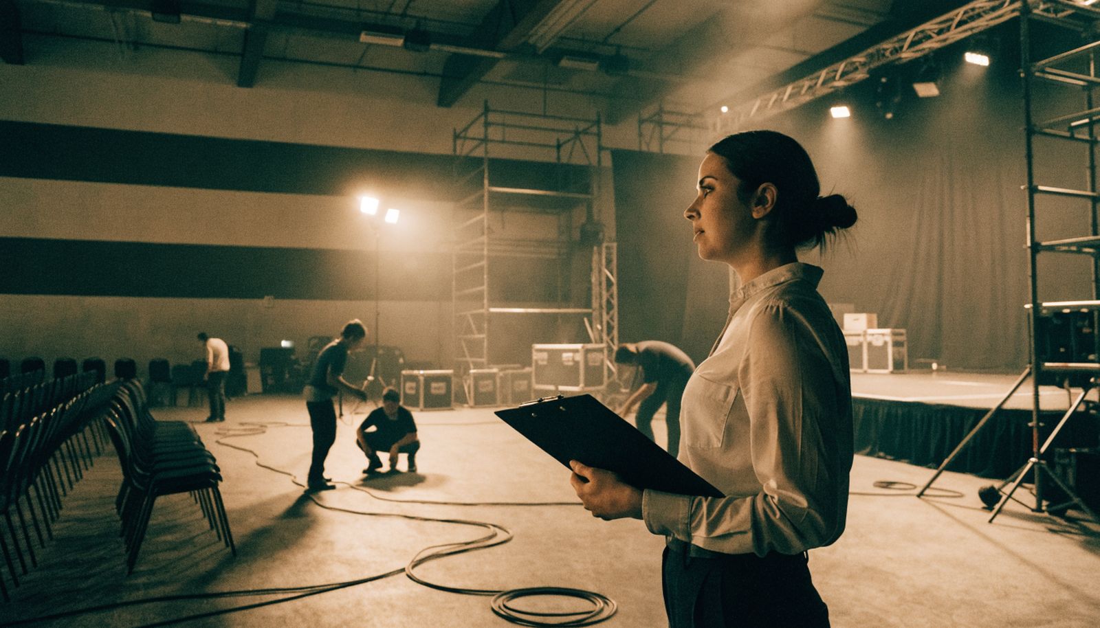 An event planner with a clipboard standing in an empty conference hall while the stage is rigged behind her