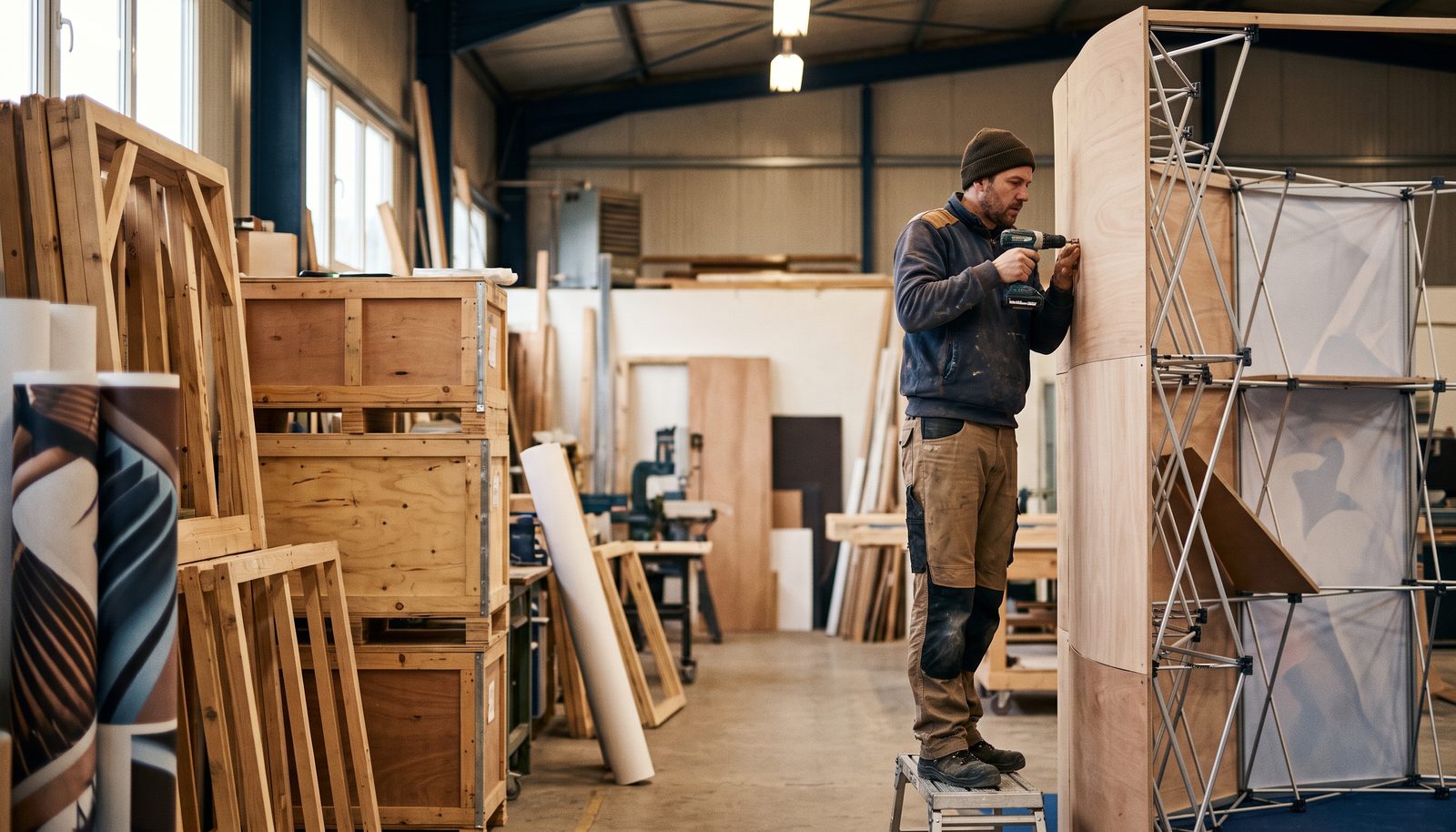 A stand builder on a stepladder fixing a lit fascia panel to the frame of a half-built exhibition stand in an empty hall