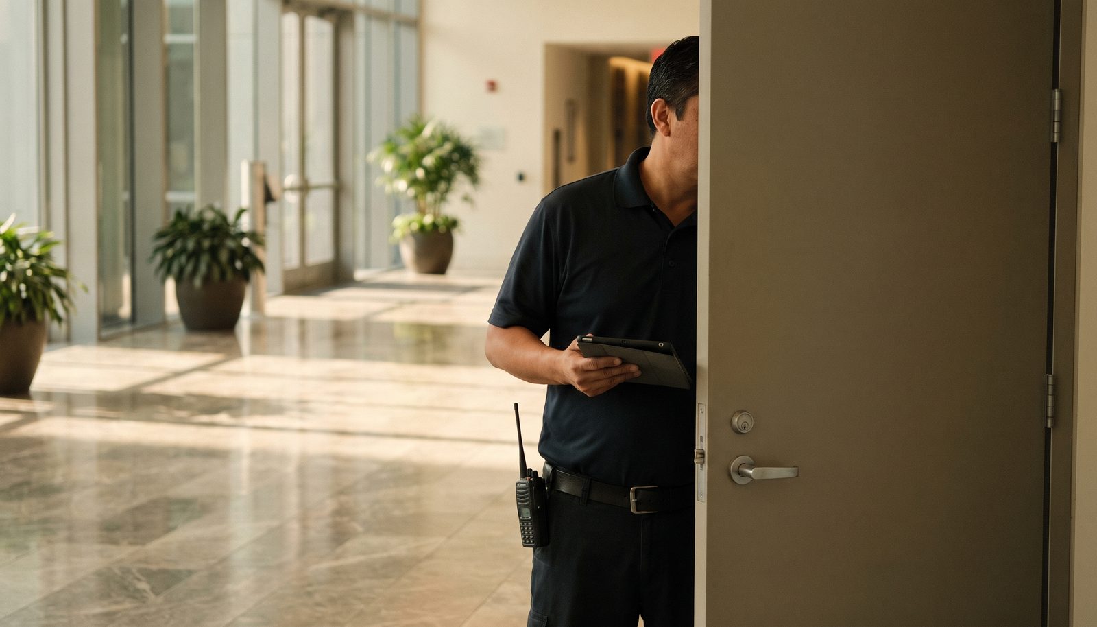 A facilities manager with a tablet and a ring of keys walking through the plant room of an office building
