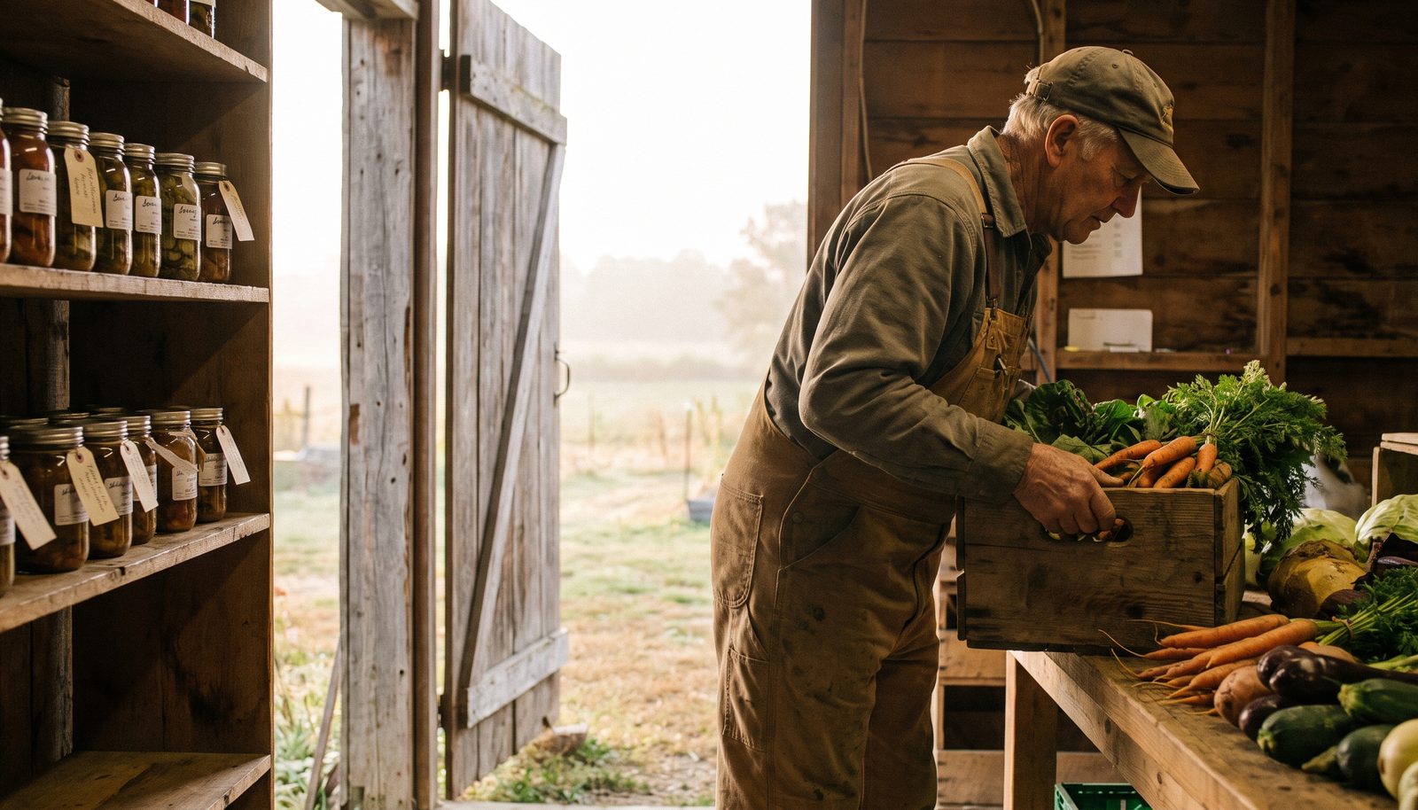 A farmer in a work jacket carrying a crate of vegetables across a farm yard towards an open barn shop door in early morning light