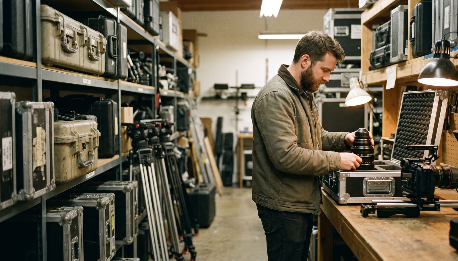 A rental house technician checking a cinema camera over an open flight case on a prep table