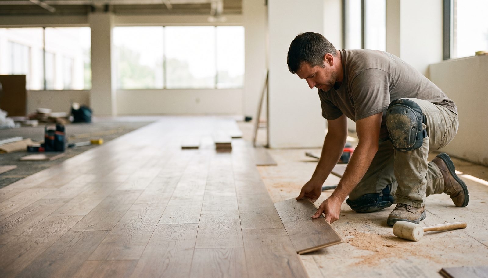 A flooring layer kneeling on a half-laid oak parquet floor in a bare commercial space, tapping a board into place