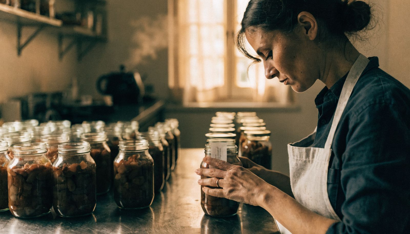 A maker in an apron labelling jars of preserves at a steel bench in a small production kitchen