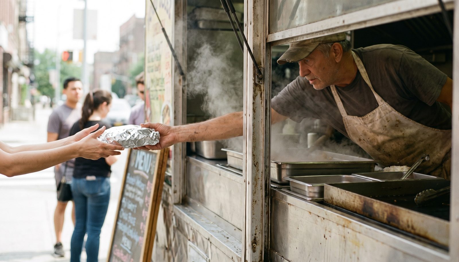 A food truck owner leaning out of the serving hatch handing over a paper-wrapped lunch, steam rising from the griddle behind
