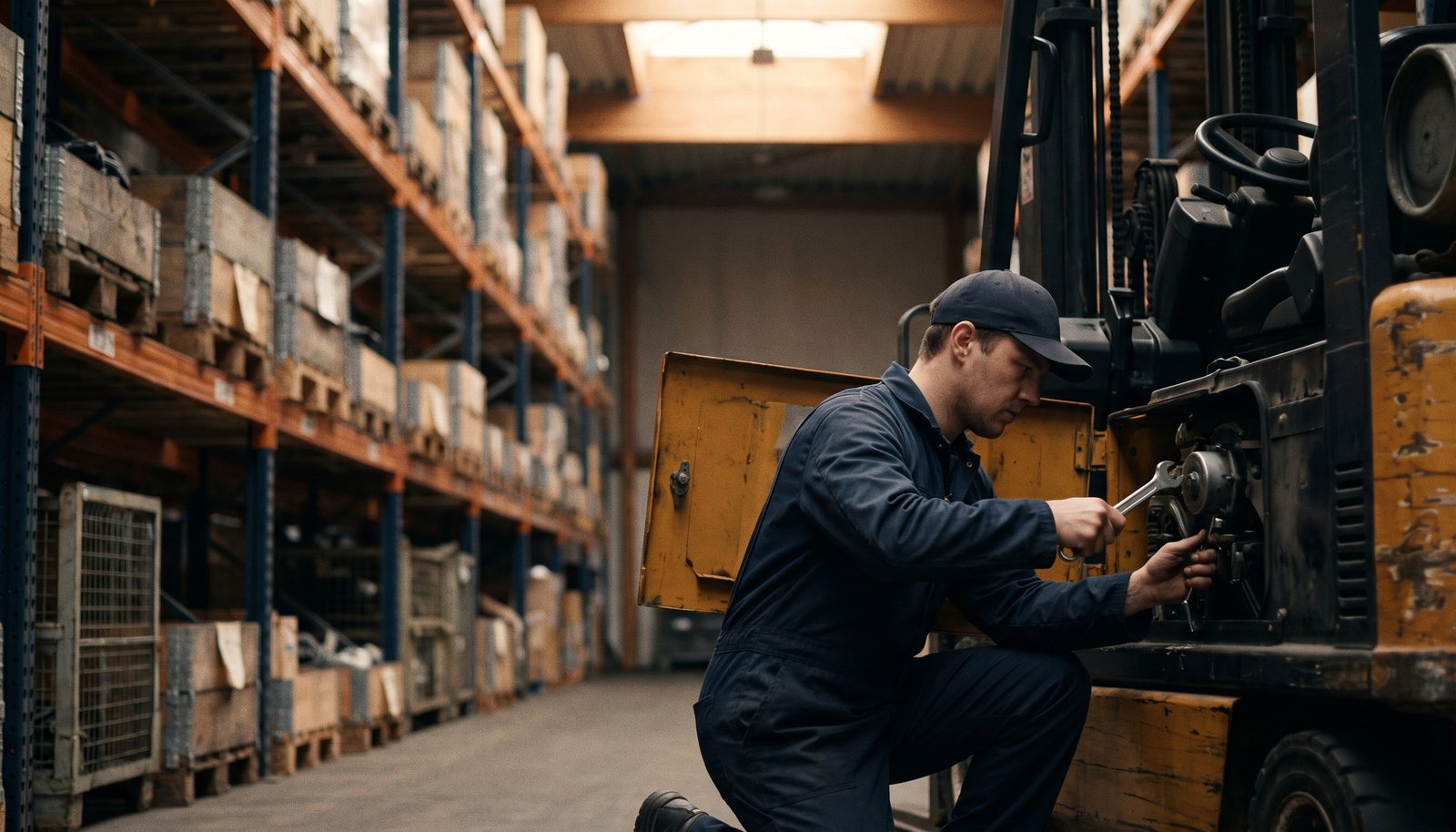 A service technician crouched at the open side panel of a forklift in a warehouse aisle, tool case open beside him