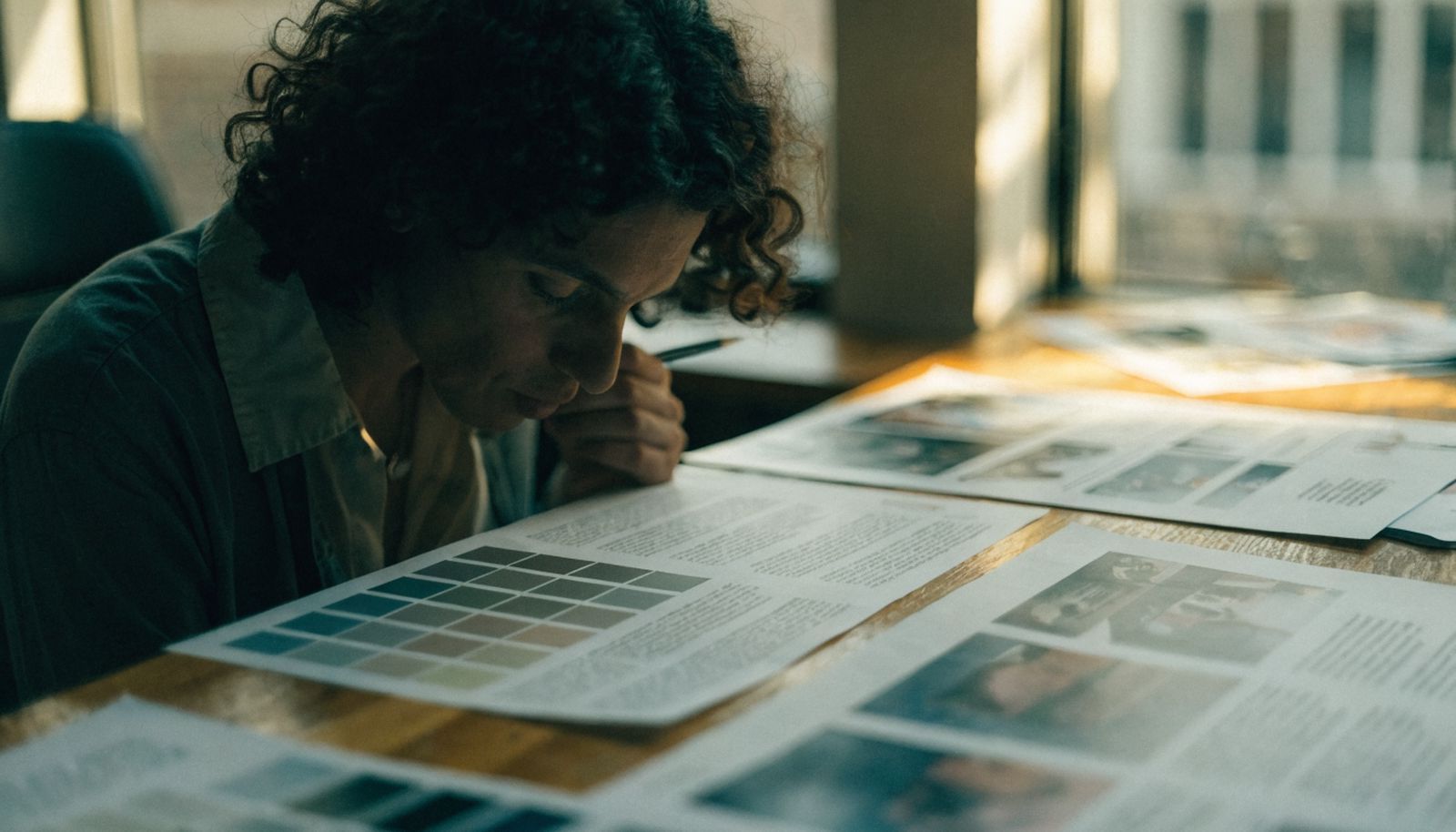 A designer at a bright desk with printed layouts spread out in front of them