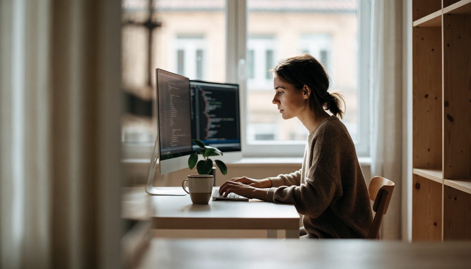 A freelance software developer working at a desk with two monitors in a bright Nordic home office