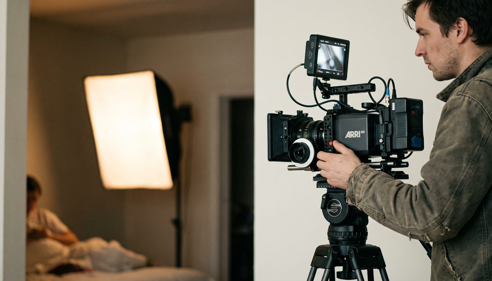 A videographer behind a cinema camera on a tripod, checking the monitor on a warmly lit interior set
