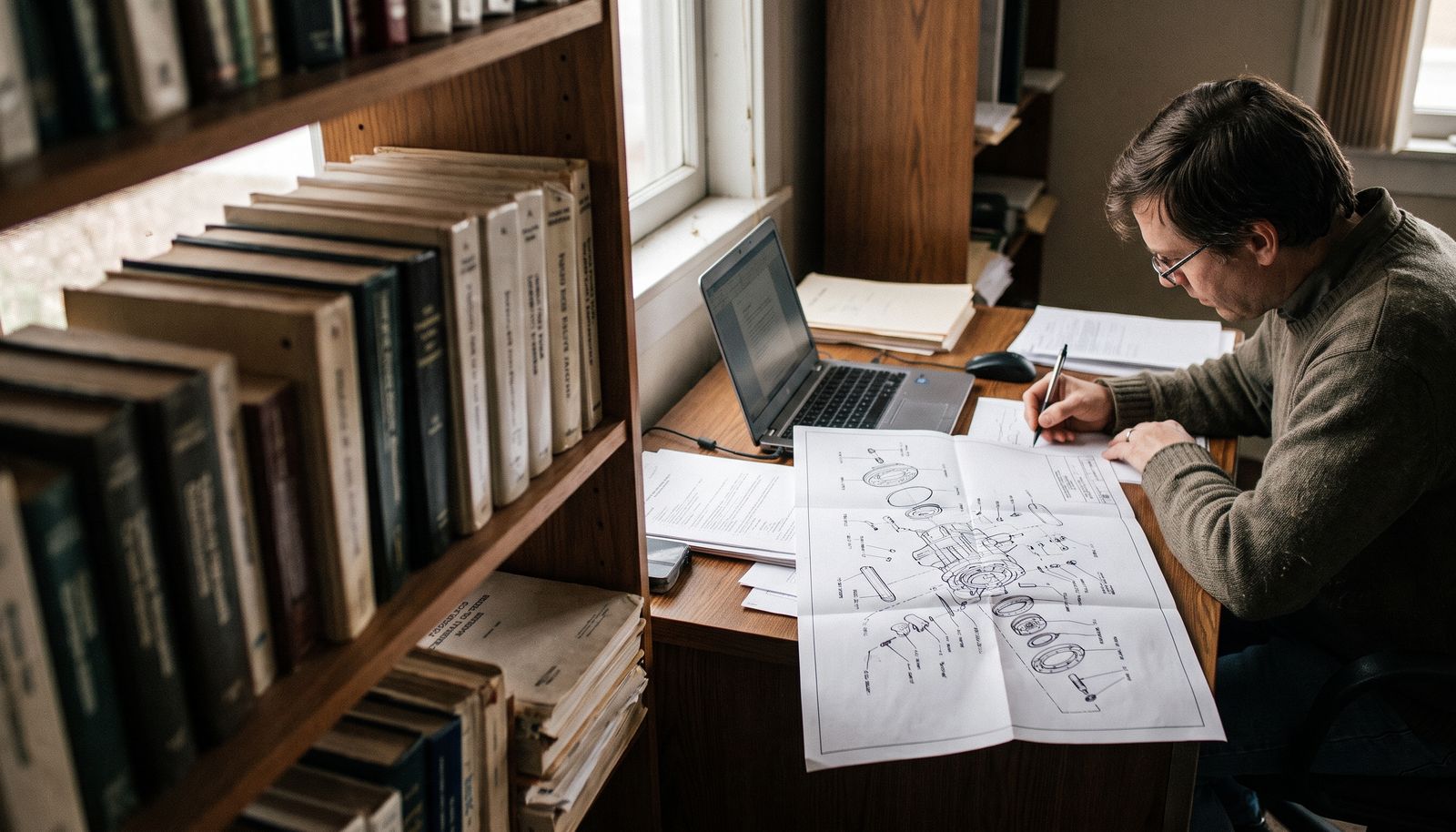 A technical writer at a desk annotating a printed exploded-view diagram beside a laptop, machine photographs spread across the desk